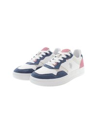 Vita sneakers med blå och rosa accenter, som har mocka- och meshmaterial, perforerad design och platta snörningar. Gummisula med texturerat grepp.