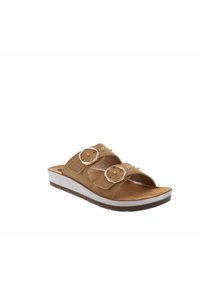 Sandalo in suede marrone slide con due fasce regolabili, accenti metallici circolari e una suola intermedia bianca con suola testurizzata marrone.