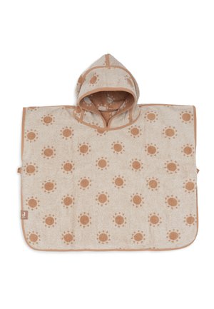 Poncho-serviette à capuche pour tout-petit beige avec motifs de soleil orange et bordure, étalé à plat sur un fond blanc.