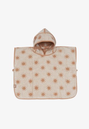 Poncho-serviette à capuche pour tout-petit beige avec motifs de soleil orange et bordure, étalé à plat sur un fond blanc.