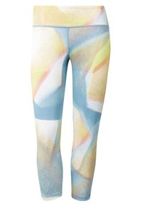 Legginsy z wysokim stanem, z abstrakcyjnym pastelowym wzorem w odcieniach niebieskiego, żółtego, białego i brzoskwiniowego.