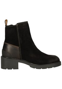 Black suede ankle boot with a stacked heel, contrasting brown leather accents, and yellow pull tab. Features visible stitching along the sides.
