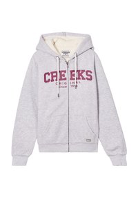 Sudadera gris con cremallera y forro de felpa, que presenta un gran logo "CREEKS" en burdeos, dos bolsillos frontales y puños acanalados.
