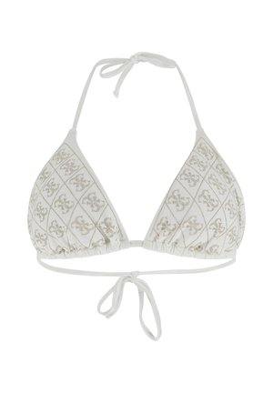 Top bikini a triangolo bianco con motivi floreali in paillettes dorate e spalline regolabili da legare al collo e sulla schiena su sfondo bianco.
