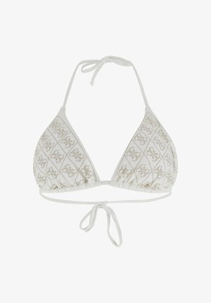 Top bikini a triangolo bianco con motivi floreali in paillettes dorate e spalline regolabili da legare al collo e sulla schiena su sfondo bianco.