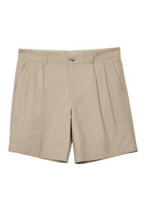 Beige Herren-Shorts mit Bundfalten vorne, seitlichen Taschen, Gürtelschlaufen und Knopfverschluss am Bund.