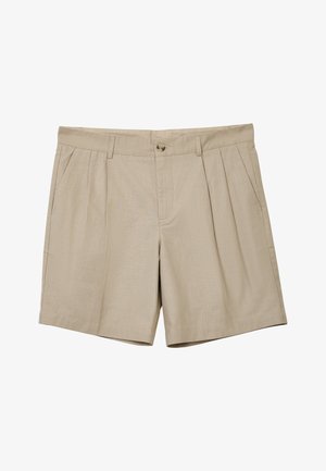 Beige Herren-Shorts mit Bundfalten vorne, seitlichen Taschen, Gürtelschlaufen und Knopfverschluss am Bund.