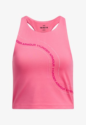 Roosa sportlik crop top racerback disainiga, millel on sile tekstuur ja 'Under Armour' tekst julge trükisega kumeral joonel.