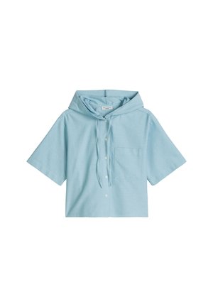Chemise courte à manches courtes bleu clair avec boutons à l'avant, poche poitrine et capuche attachée avec cordons de serrage.