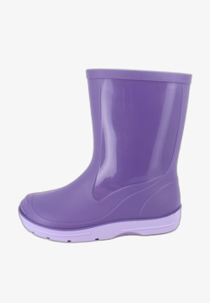 Paarse rubberen regenlaars met lichtpaarse zool, zijaanzicht, glad oppervlak en halverwege de kuit.