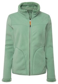 Veste en polaire vert clair avec un col haut, fermeture éclair et doublure douce texturée. Comprend des poches latérales et un tirette de fermeture éclair orange contrastant.