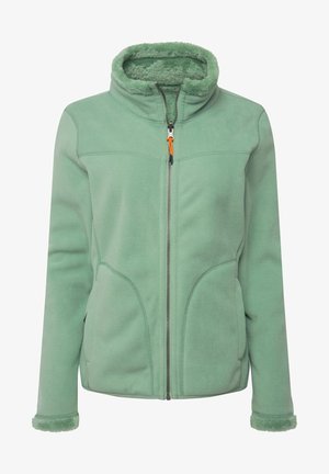 Lichtgroene fleecejack met een hoge kraag, ritssluiting en een zachte, gestructureerde voering. Voorzien van zijzakken en een contrasterende oranje ritssluiting.