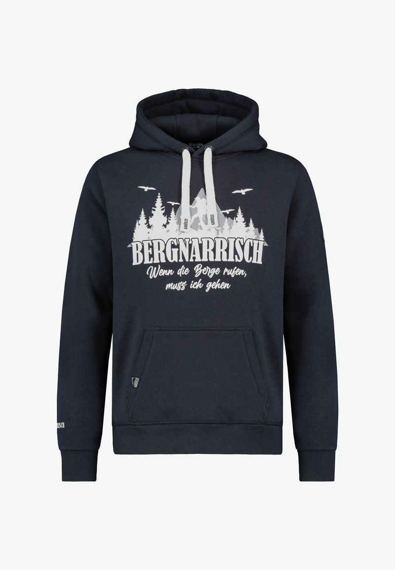 Marineblauwe hoodie met trekkoorden, voorzak en een grafische print met bergen, bomen en tekst in het wit. Zachte stoftextuur.