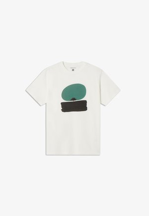 White cotton t-shirt featuring a green oval graphic and a black brushstroke design. Short sleeves and a crew neckline.