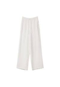Bílé, lehké kalhoty z látkového směsi lnu s elastickým pasem a šňůrkou na stažení. Široké nohavice s hladkou texturou a bez ozdob.