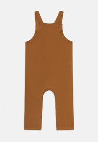Brun baby romper uten ermer med justerbare skulderstropper og design med åpen skritt, liggende flatt på en hvit bakgrunn.