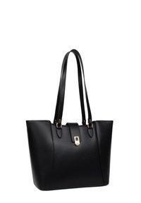 Borsa a spalla nera in pelle con una texture liscia, forma rettangolare elegante, dettagli in metallo dorato e due manici. 