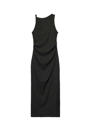 Robe midi noire sans manches avec encolure ronde et côtés froncés, silhouette ajustée, présentée à plat sur fond blanc.