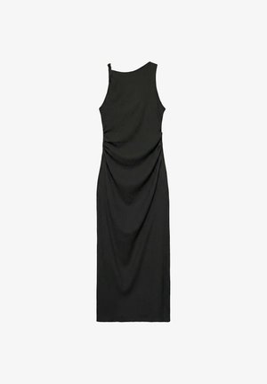 Robe midi noire sans manches avec encolure ronde et côtés froncés, silhouette ajustée, présentée à plat sur fond blanc.