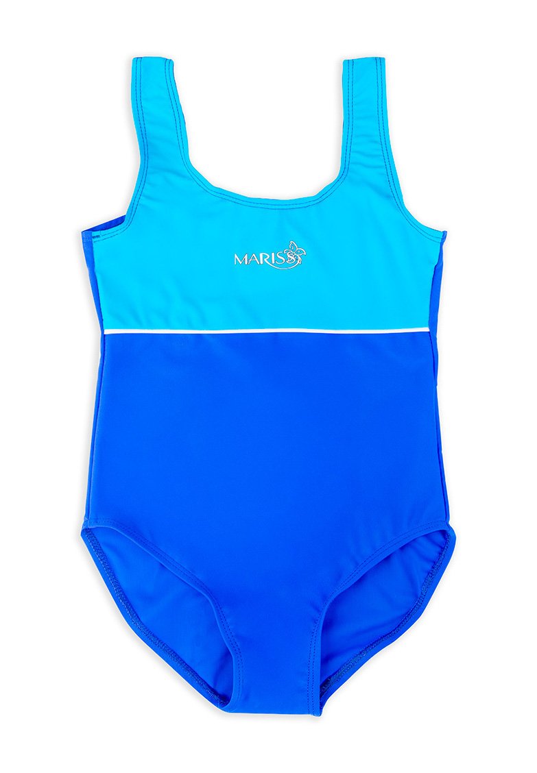Niebieski jednoczęściowy kostium kąpielowy z jasnoniebieską górną częścią, grubymi ramiączkami i białym poziomym paskiem. Wykonany z gładkiego, elastycznego materiału.