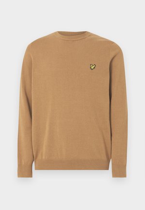 Brown cotton sweater with a round neck, long sleeves, ribbed cuffs, and a yellow embroidered logo on the left chest.