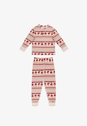 Two-piece pajama set in soft cotton featuring a cream base with red and brown geometric patterns and images of bears. Cuffs are also cream.