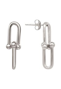 Boucles d'oreilles en argent présentant un design en boucle. Chaque boucle d'oreille comporte deux accents sphériques et une tige droite, avec une finition polie et une forme épurée.