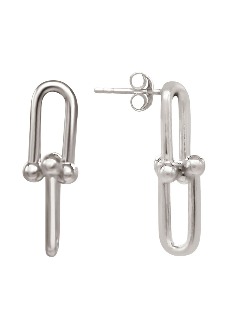 Boucles d'oreilles en argent présentant un design en boucle. Chaque boucle d'oreille comporte deux accents sphériques et une tige droite, avec une finition polie et une forme épurée.
