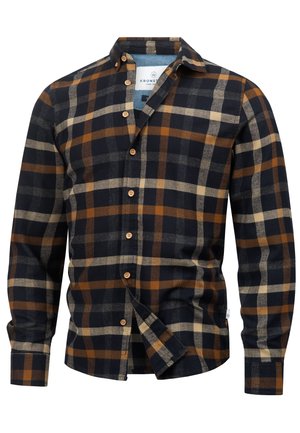 Herreskjorte med knapper i marineblå, tan og beige tartanmønster. Fremstillet af blød flannel med spredt krave og klassiske manchetter med knapper.