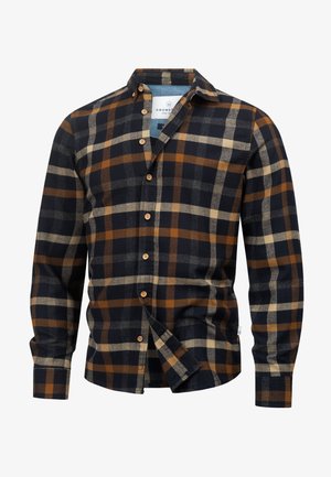 Męska koszula zapinana na guziki w granatowy, piaskowy i beżowy wzór w kratę. Wykonana z miękkiego flaneli, z kołnierzem typu spread i klasycznymi mankietami na guziki.