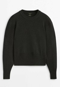 Pull noir à manches longues avec col rond, poignets et bas côtelés, présenté à plat sur fond blanc.