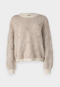 Grober Strickpullover in Creme und Beige mit einem strukturierten Muster aus vertikalen Linien und Blattformen, mit gerippten Bündchen und Saum.
