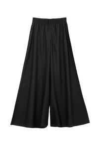 Pantaloni neri a gamba larga in tessuto leggero, con una vita elastica e una silhouette fluida. Nessun motivo o dettaglio visibile.