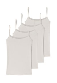 Five light gray camisoles made of soft fabric. Each features thin straps and a lace trim along the neckline. Smooth texture, simple design.