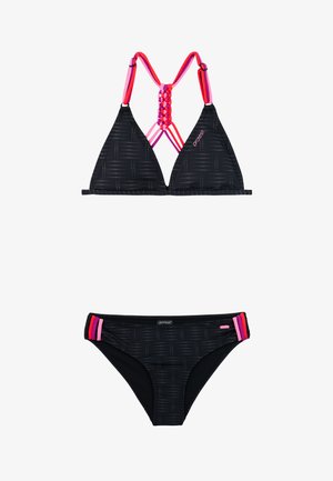 Schwarzes Bikini-Set mit strukturiertem Muster, roten und pinken geflochtenen Rückenträgern am Oberteil und passenden Farbstreifen an den Seiten des Unterteils.