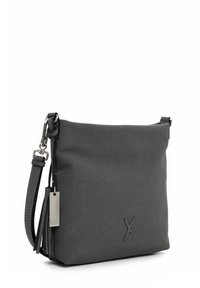 Gray perforated crossbody bag with a detachable strap, featuring a silver hardware tag and a textured finish. Simple, rectangular design.