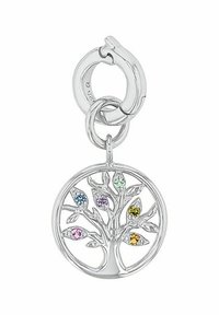 Ciondolo albero della vita in argento con sette foglie colorate in blu, verde, viola, giallo e arancione, sospeso a un gancio in argento.