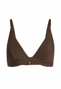 Brązowy, prążkowany stanik w kształcie trójkąta z cienkimi ramiączkami, charakteryzujący się bezszwowym wykończeniem i subtelnym wzorem. Zapięcie z tyłu z małym metalowym akcentem.