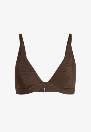 Hnedá rebrovaná trojuholníková podprsenka s tenkými ramienkami, s bezšvovým dizajnom a jemným vzorom. Zadné zapínanie s malým kovovým akcentom.