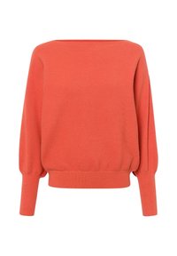 Pull en tricot côtelé couleur corail orange avec encolure bateau, manches longues bouffantes et poignets et ceinture ajustés.