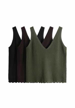 Set aus sechs gestrickten ärmellosen Tops in abwechselnden Schwarz- und Olivgrüntönen, die sich überlappend auf einem weißen Hintergrund anordnen.