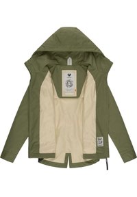 Alyvuogių spalvos vandeniui atsparus švarkas su šviesiai smėlio spalvos pamušalu, reguliuojama kapišonu, užtrauktuku užsidarantis priekinis skyrius ir šoninės kišenės. Savybė - vidinis prekinio ženklo etiketė.