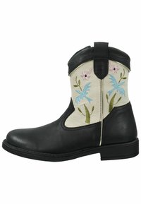 Bottines en cuir noir avec un tige couleur crème ornée de broderies florales bleu et rose, avec une finition texturée et une semelle plate.