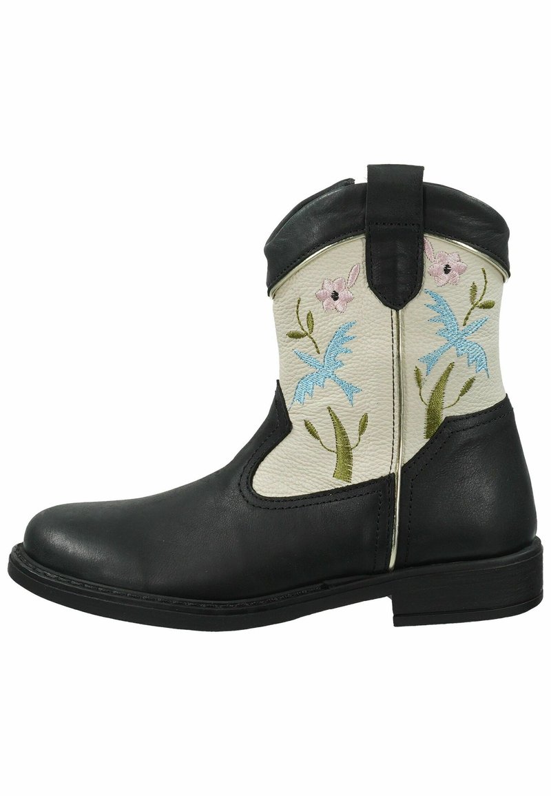 Bottines en cuir noir avec un tige couleur crème ornée de broderies florales bleu et rose, avec une finition texturée et une semelle plate.