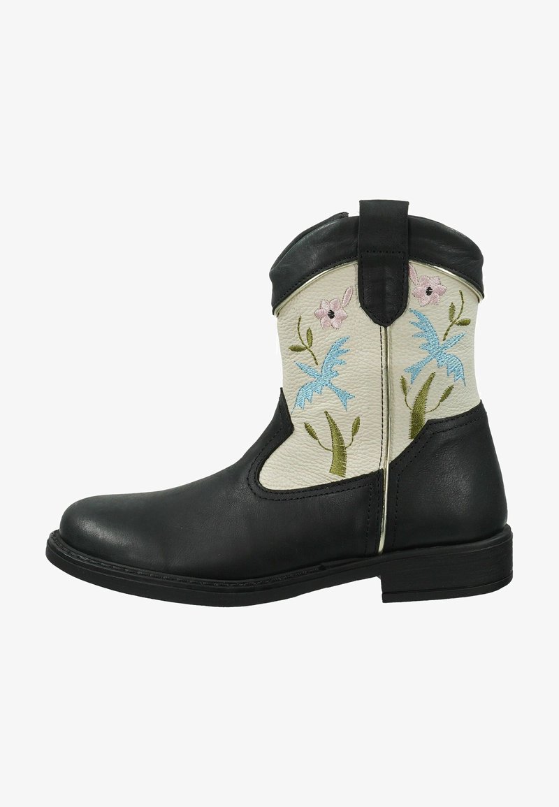 Bottines en cuir noir avec un tige couleur crème ornée de broderies florales bleu et rose, avec une finition texturée et une semelle plate.