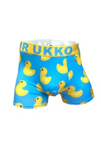 Niebieskie bokserki z powtarzającym się wzorem żółtych gumowych kaczek. Posiadają żółtą talię z tekstem, wykonane z gładkiej tkaniny.