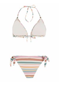Top de bikini triangular y parte inferior a juego en un patrón de rayas en tonos pastel. Cuenta con lazos ajustables y una mezcla de colores que incluye rosa, azul y amarillo.