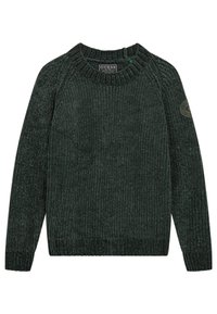 Maglione a maglia verde scuro con una texture a coste, colletto rotondo e maniche raglan. Presenta un patch rotondo con logo sulla manica sinistra.
