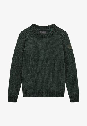 Maglione a maglia verde scuro con una texture a coste, colletto rotondo e maniche raglan. Presenta un patch rotondo con logo sulla manica sinistra.