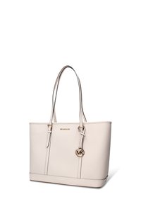 Sac cabas Michael Kors en cuir beige clair, doté de deux longues anses, d'un accent logo et d'un design structuré avec des coutures verticales subtiles.